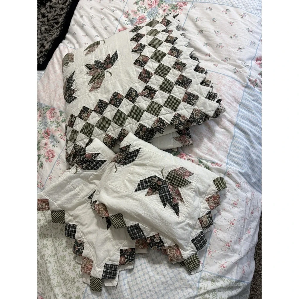 Vtn Handmade Quilt Full Leaves 100% Cotton Cream Sage With Two Shams 76